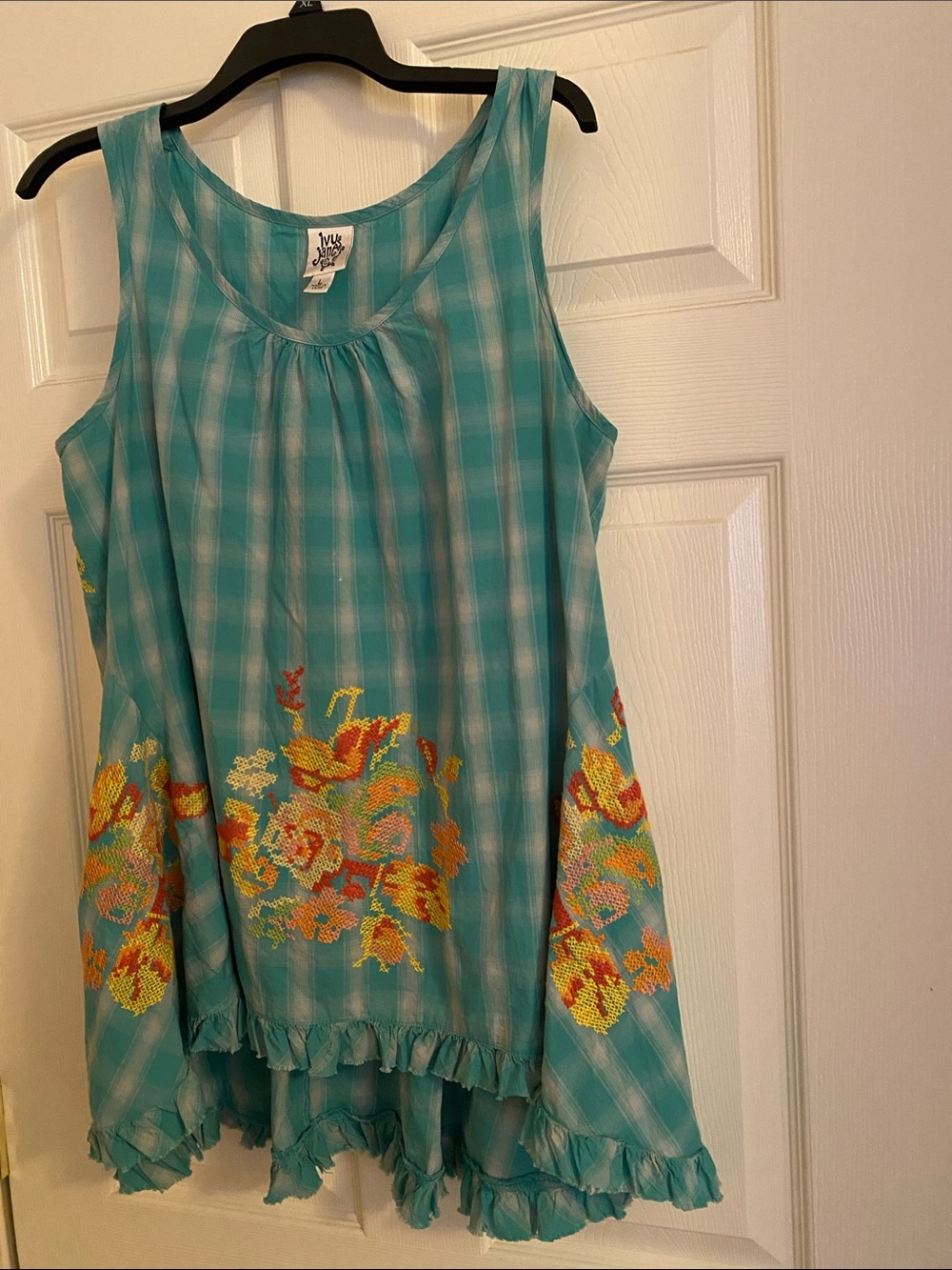 ivy jane Aqua Plaid Sleeveless Tunic with Bright Floral Embroidery